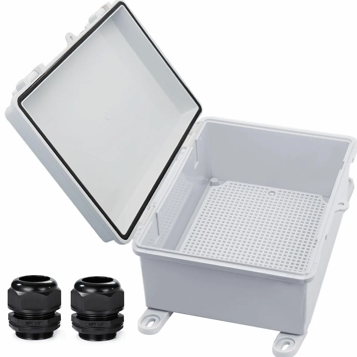 Waterproof Junction Box IP67 ABS Plastic Outdoor Electrical Enclosure with Mounting Plate Wall Bracket 2 Cable Glands 8.7x6.7x4.3 Inch Grey