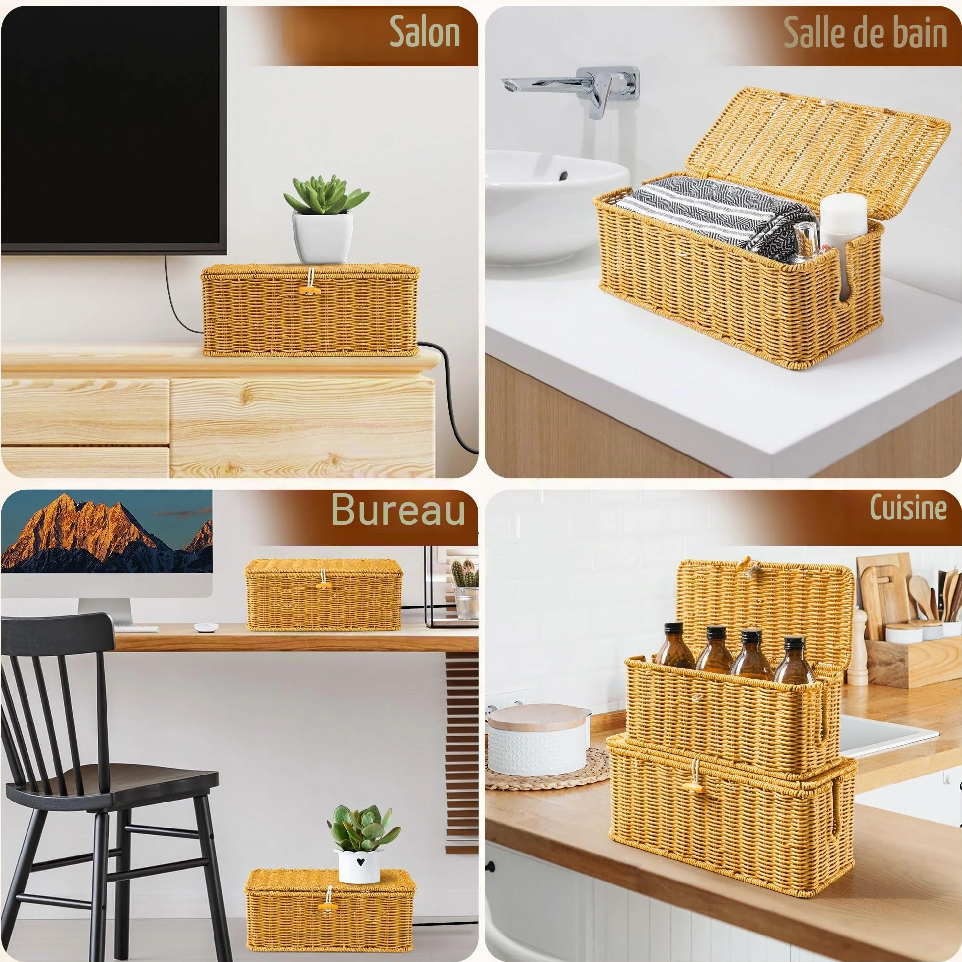 Gucass Lot de 2 Boîte Rangement Câble avec Couvercle, Boîte Organisation Câbles Rotin, Multiprise Cacher Câbles Grande Moyenne