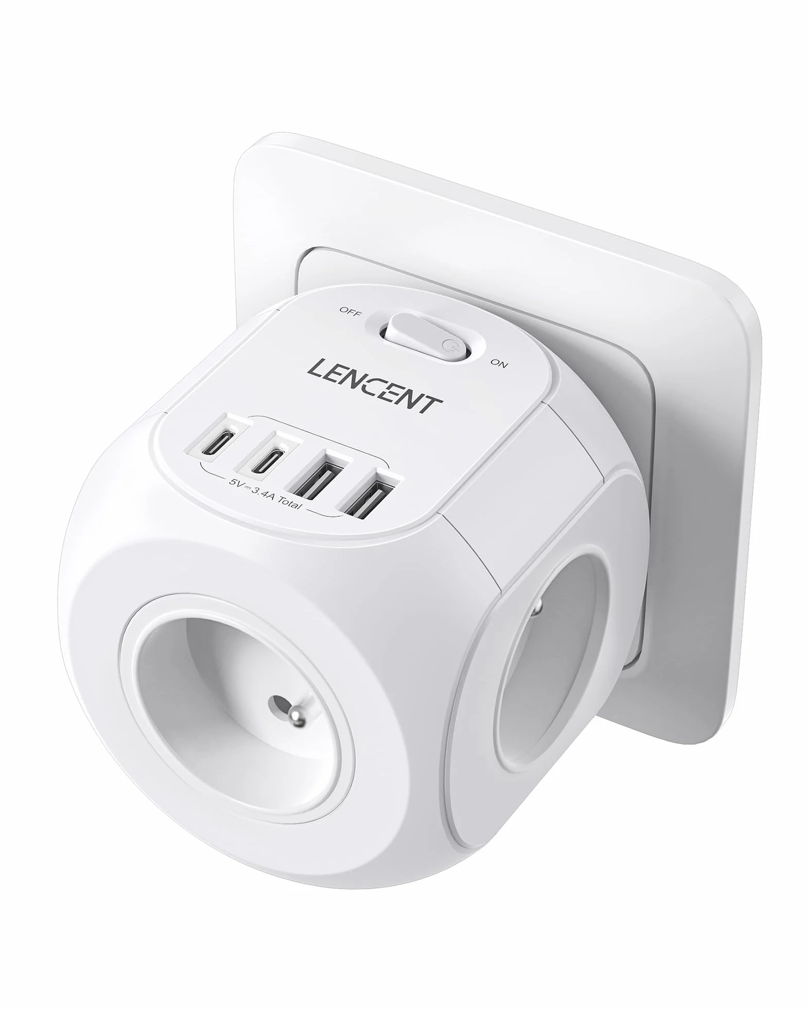 LENCENT Multiprise Murale Cube 8 en 1 4 Prises 2 Type C 2 USB A 4000W Adaptateur Secteur