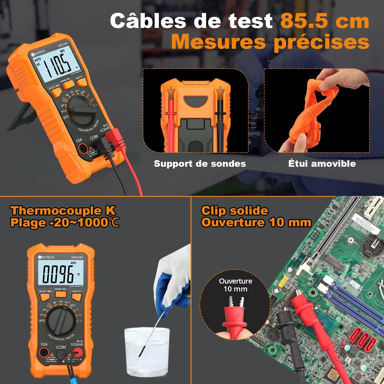 Neoteck Multimètre Numérique 2000 Comptages Testeur Électrique AC DC Tension Résistance Capacité NCV Fréquence Température 600V 10A